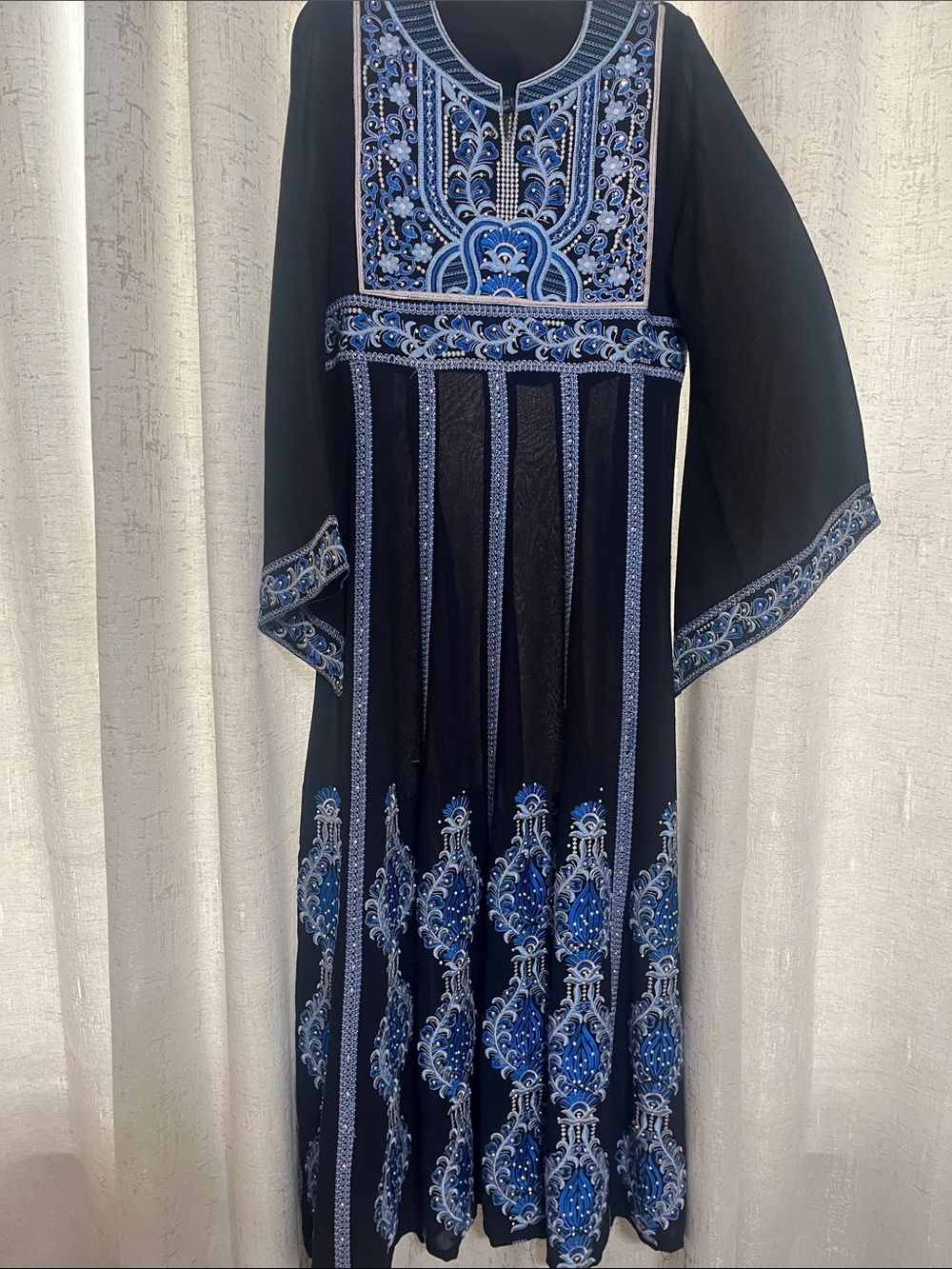 Embroidered Navy Blue Maxi Dress with Blue Accents